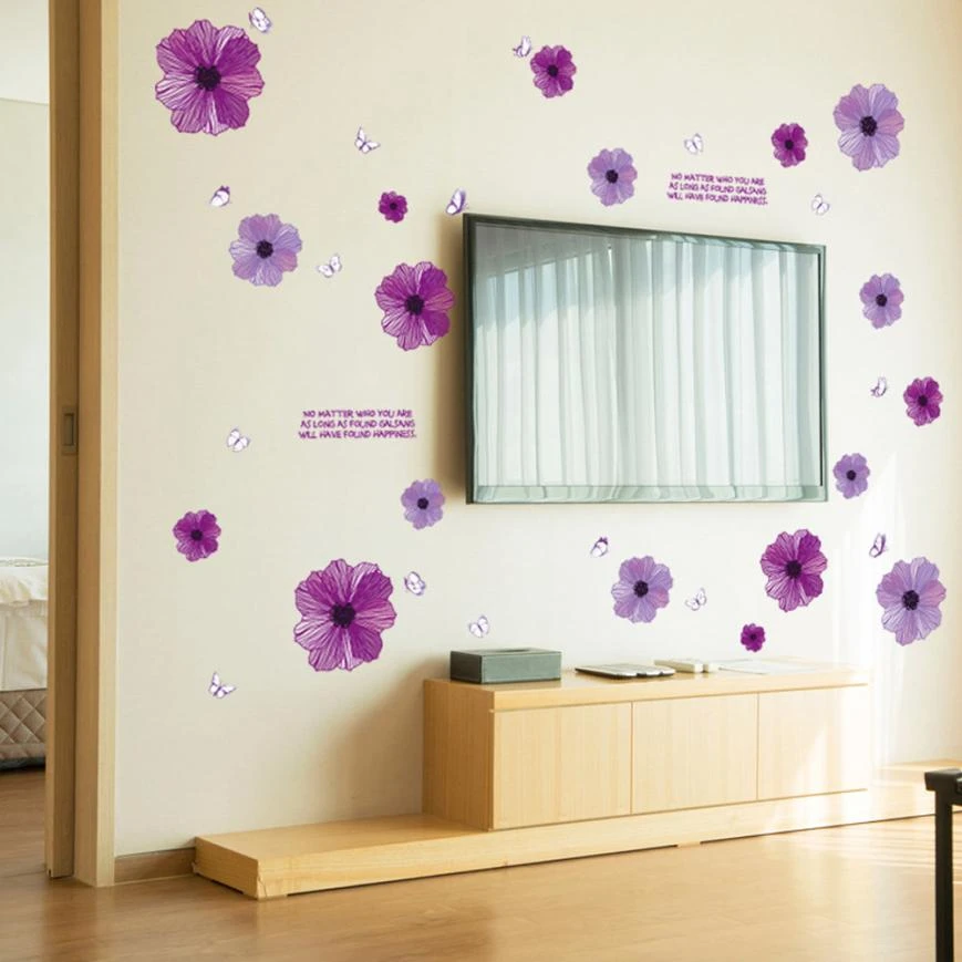 Home Decor Purple Flowers Background Wall Decoration Removable Wall Stickers Wall Sticker Home Deco Mirror Au9 Wall Stickers Aliexpress