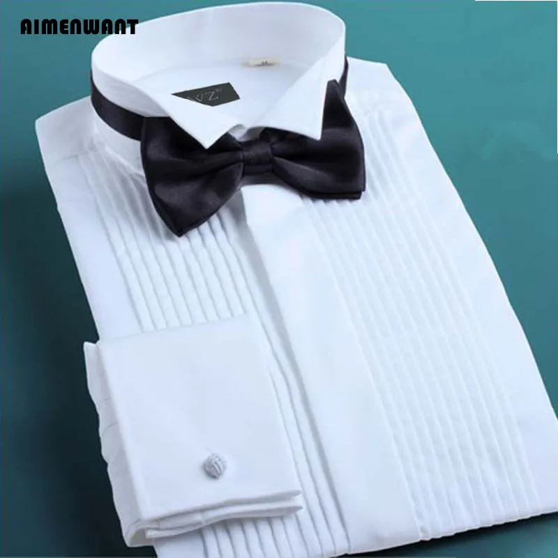 Tanie AIMENWANT 2022 Tuxedo koszule męskie Korea Slim Fit muszka koszula ślubna biały sklep