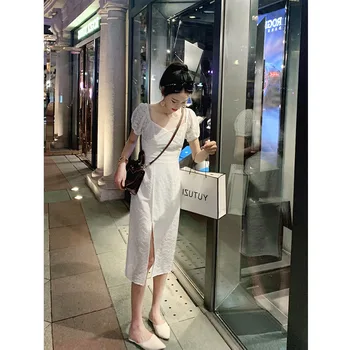 

Women 2019 Summer New Style Sexy Dress Korean-Style Elegant High Waist Slit Short Sleeve over-the-Knee Ins Dress