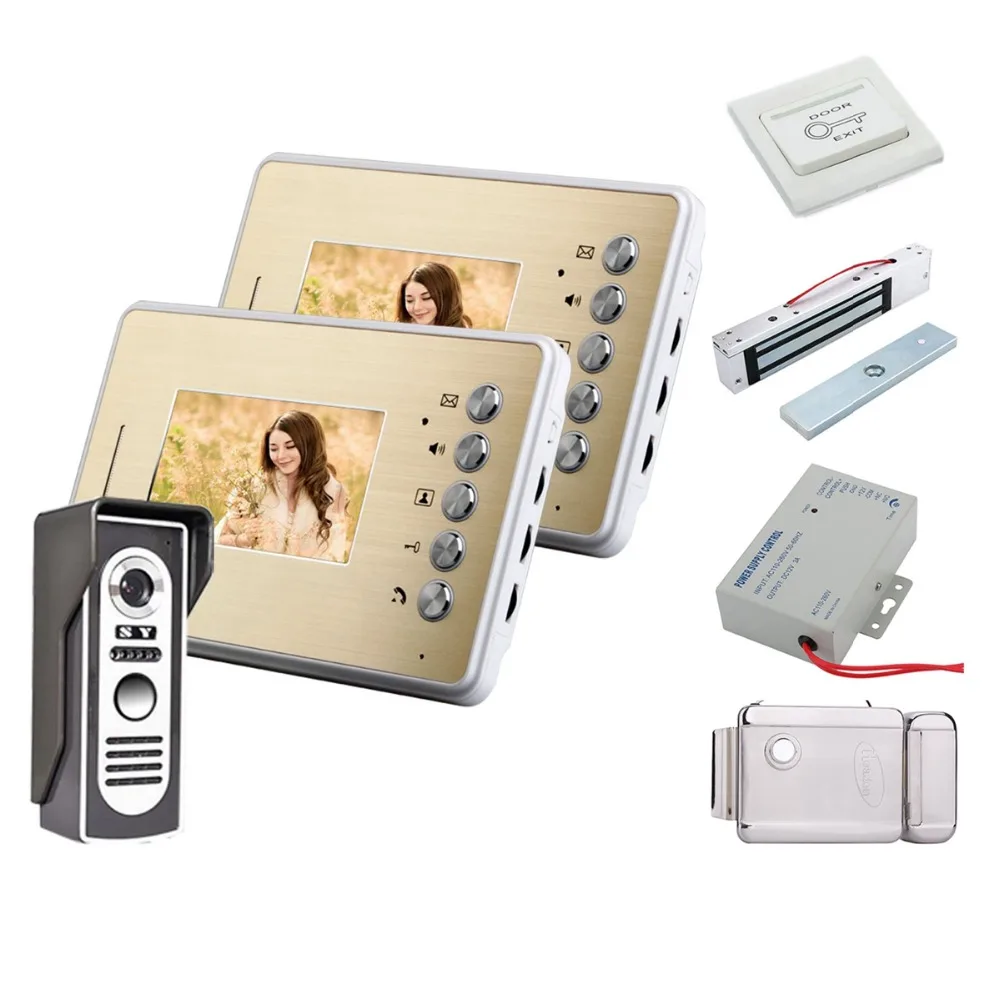 

Home Security 4.3 Inch Video Door Phone Doorbell Intercom Kit 1-camera 2-monitor Night Vision+Electronic locks Set
