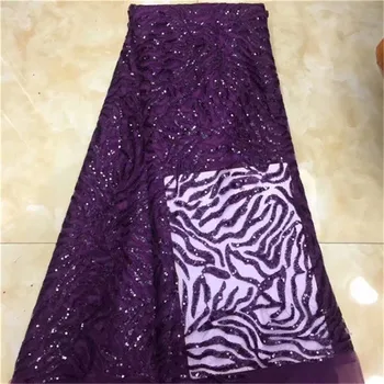 

African French Lace Fabric with sequins High Quality African Tulle Lace Fabric 5yards purple sequin lace fabric