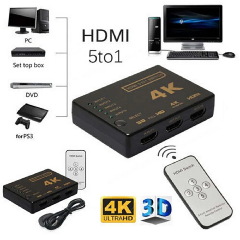 

4K Mini HDMI Switcher 5 Port HUB Switch Selector Splitter Box Ultra HD Home Audio Video Cables With IR Remote For DVD HDTV Xbox