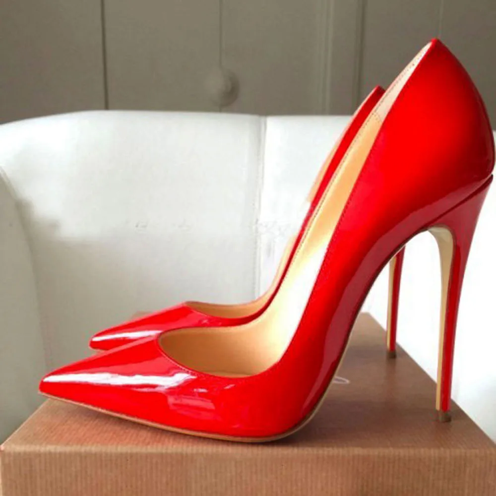 GENSHUO Women Pumps Red Lacquer Patent Leather High Heels Shoes for Wedding Party Sexy Stiletto Heels Pointed Toe 10 12cm