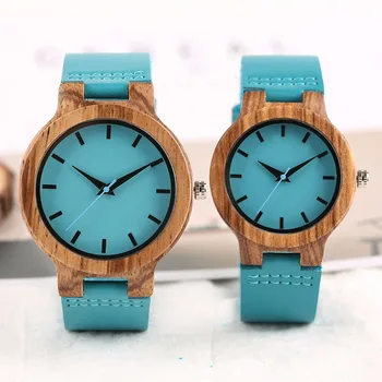 

Lover Wood Watch Black Hour Hand Bracelet Minimalist Bamboo Dial Blue Quartz Genuine Leather Wristwatch Couple Anniversary Gift