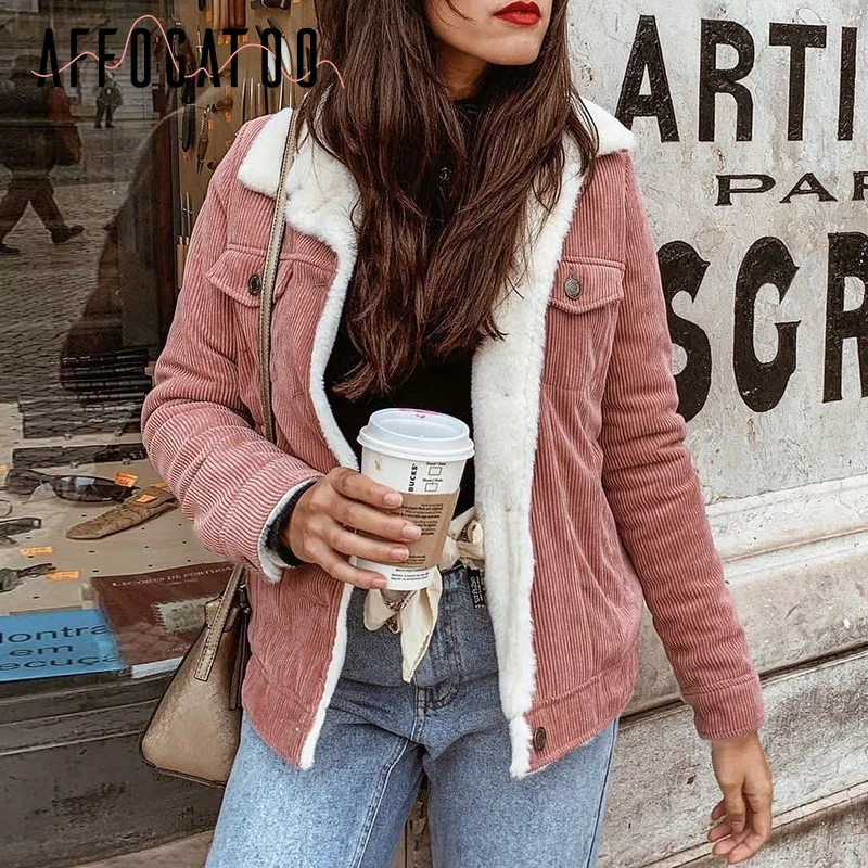 

Affogatoo Casual Corduroy autumn winter jacket coat women Vintage Long sleeve pink jackets female Warm parka ladies outwear coat