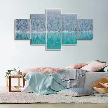 

Laeacco Winter Snow Forest Painting Wall Art Canvas River Posters and Prints Modern Home Decor Bedroom Decoration Art Pictures