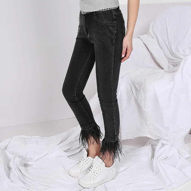 Бренд Bootyjeans, высокое качество, весна и лето, европейский стиль, женские джинсы длиной до щиколотки с перьями, женские тонкие узкие брюки-карандаш