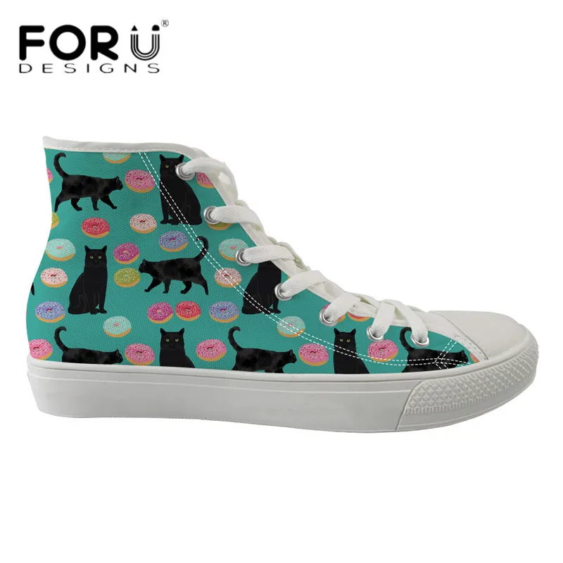 FORUDESIGNS/Черный кот цветочный дизайн холст спортивная обувь повседневное для женщин Прохладный kitty пиццы с высоким берцем и Принто - Цвет: HM449Z40
