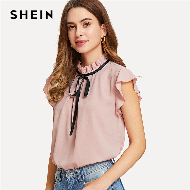 SHEIN Bow Tied Frilled Neck Button Back Blouse 2018 Summer Stand Collar ...