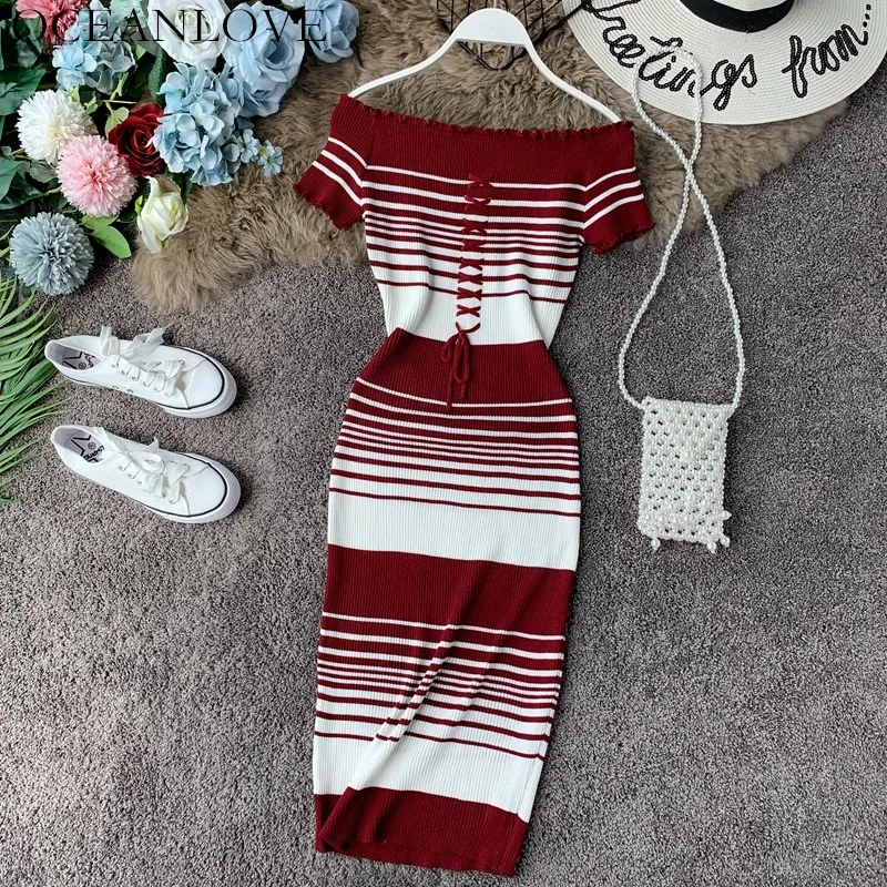 OCEANLOVE Sexy Dress Women Bodycon Striped Off Shoulder Knitted Midi Dress Summer High Waist Short Sleeve Vestidos 12421