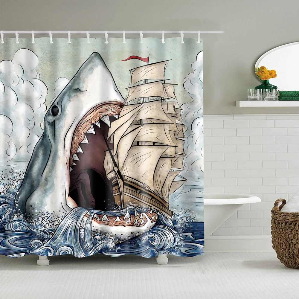 

Svetanya Waterproof Shower Curtain shark animals ship Printed (include 12 pcs Hooks) 180*180cm