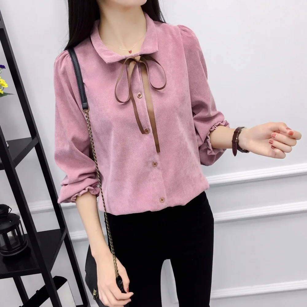 Autumn Long Sleeve Women Shirt Preppy Style Bow Woman Shirt Corduroy Plus Thick Solid Color Women Blouses Turn-Down Collar Top (14)