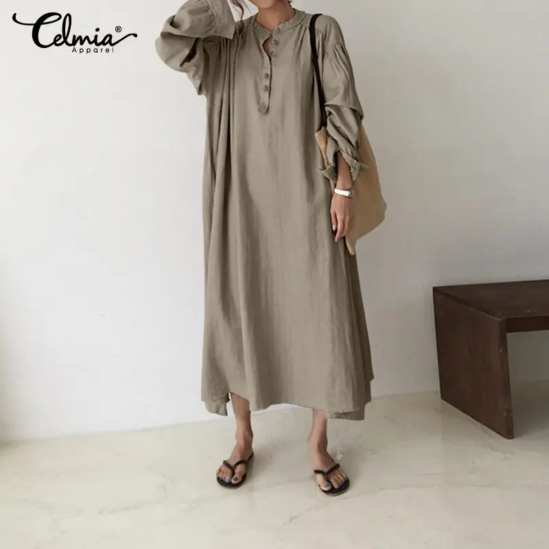 

2019 Celmia Women Vintage Solid Maxi Long Dress Autumn Long Sleeve Pleated Shirt Dress Casual Loose Vestidos Robe Plus Size 5XL