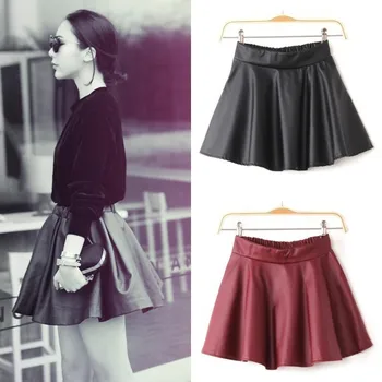

WOMEN HIGH WAISTED FAUX LEATHER SOFT PU SKATER GRUNGE FLIPPY PLEATED SWING SKIRT women skirt pu female shorts leather skirt