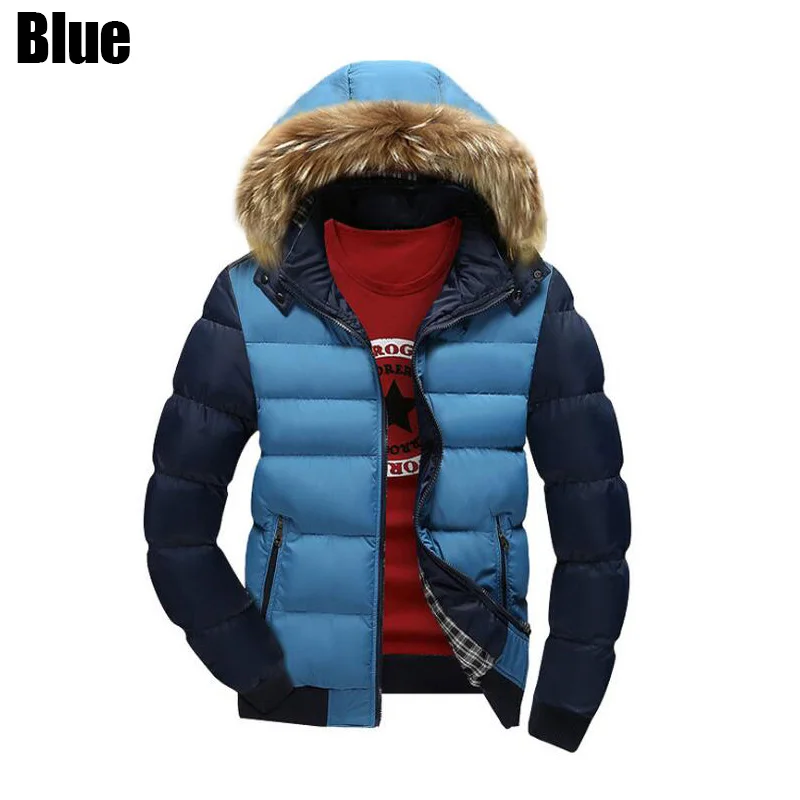Модная зимняя мужская куртка с меховым воротником и капюшоном, мужская верхняя одежда, Классическая простая теплая парка, мужская куртка - Цвет: Light Blue-Dark Blue
