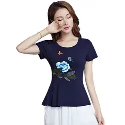 2019 новые женские футболки Цветочная вышивка кэжуал Топы летняя рубашка женская футболка с коротким рукавом Плюс Размер Женская одежда