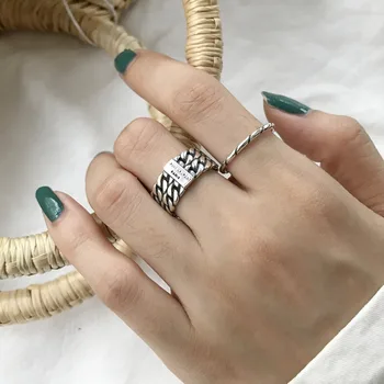 

(S is not printed on ring) Authentic S925 Sterling Silver Jewelry Double Rows Chain /Twisted Roped Ring Retro Lady's adjust J352