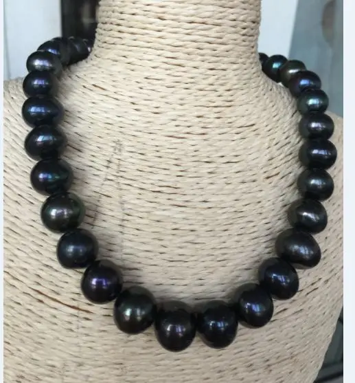 

stunning13-14mm freshwater round black green pearl necklace 19"925silver