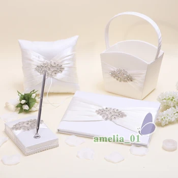 

4Pcs/set Top quality Satin rhinestone Wedding Decor Ring Pillow Flower Basket Garter Guest Book Pen Set bride Products Supplies