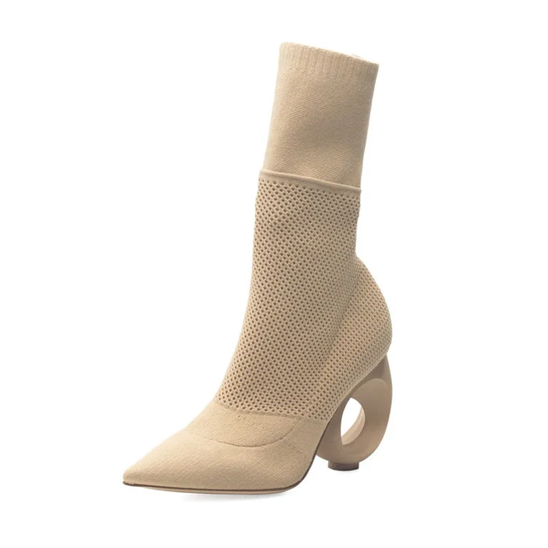 

Nude Black Knitted Sock Ankle Boots for Women Round high heels Pointed toe Slim Slip on Elastic Spring Shoes Women Botas Mujer