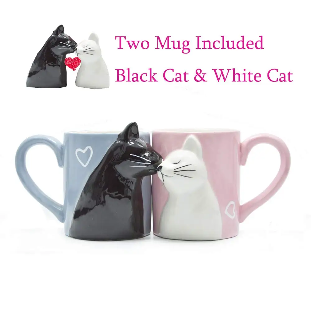 2-PCS Kiss Cat Coffee Couple Handmade Mug, Funny Tea Ceramic cup set for Bride and Groom, Matching Gift for Engagement Wedding - Color: 2 pieces cups