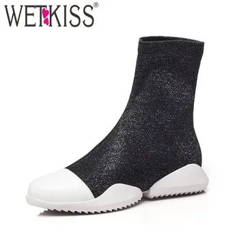 

WETKISS Fashion Casual Women Ankle Boots Round Toe Footwear Stretch Leather Female Boot Winter Platform Knitting Shoes Women