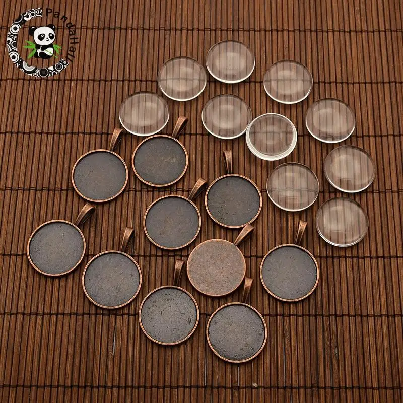 

25mm Transparent Clear Domed Magnifying Glass Cabochon Cover with Alloy Settings, Lead Free & Nickel Free, Red Copper, Pendant: