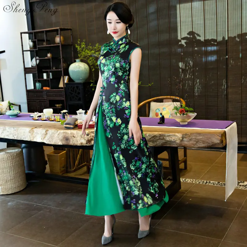 

2018 summer women's satin cheongsam qipao evening dress chinese oriental dresses traditional chinese dress retro V926