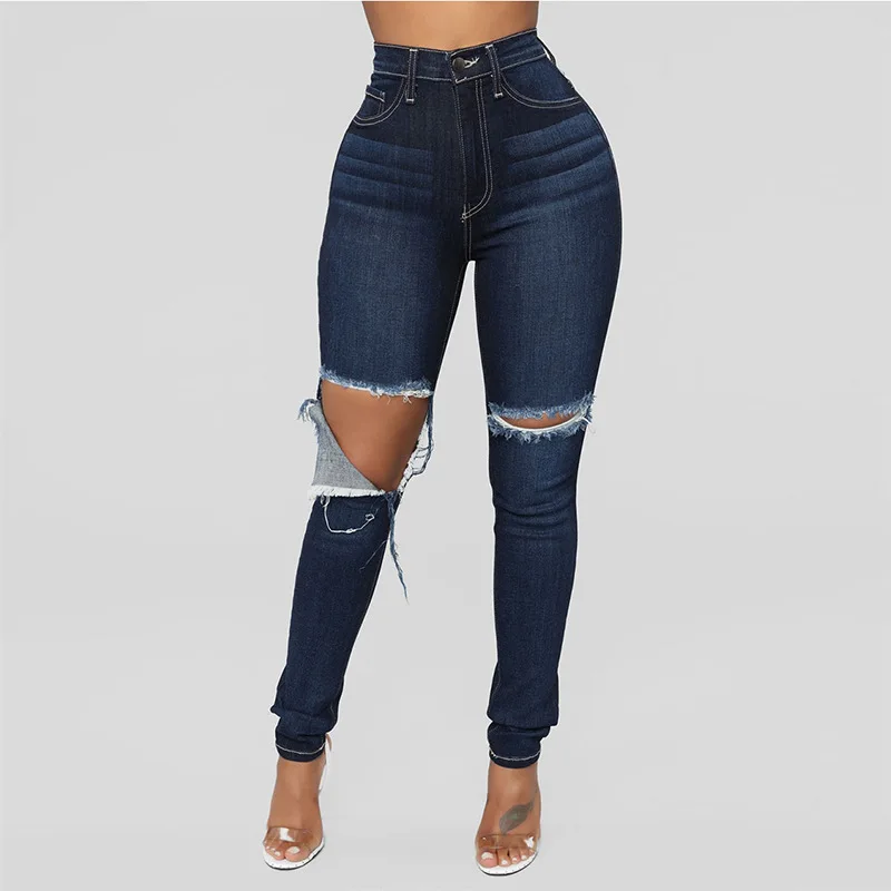 

2019 Pants women loose high waist pants Fashion Slim Pencil Pants Sexy Casual Hole Ripped Design Streetwear jeans Women