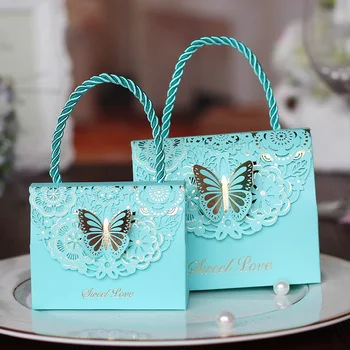

20pcs/lot Butterfly Hand Bag Sweet Love Blue Butterfly Wedding Handing Candy Box Beautiful Party Printed Flower Candy Gift Box