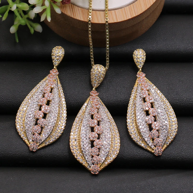 

LanRuiSha Jewelry Set Luxury Big Plant Ethnic Indian Micro Paved Cubic Zircon Necklace with Earrings for Engagement Best Gifts