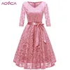 Aovica 2022 Autumn Lace Dresses Femme 3/4 Sleeve V-Neck Women Red Dress Hollow Out Female Robes Plus Size 2XL Vestidos de Festa ► Photo 2/6