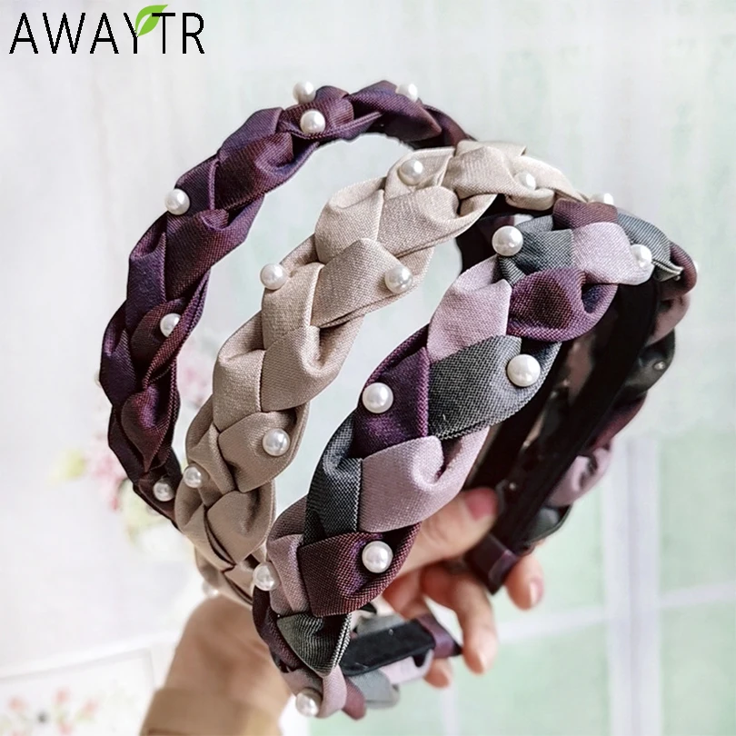 

AWAYTR Hairband Women Cotton Fabric Pearl Knotted Headband Vintage Twist Turban Wide Hair Band Hoop Headwear Hair Accessories