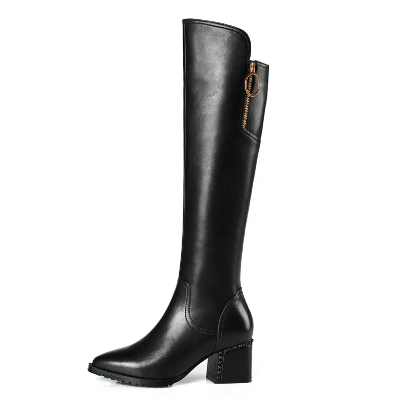 

Women Pointed Toe High Heel Boots Woman Genuine Leather Square Heel Over The Knee Boots Women Winter Shoes Quality