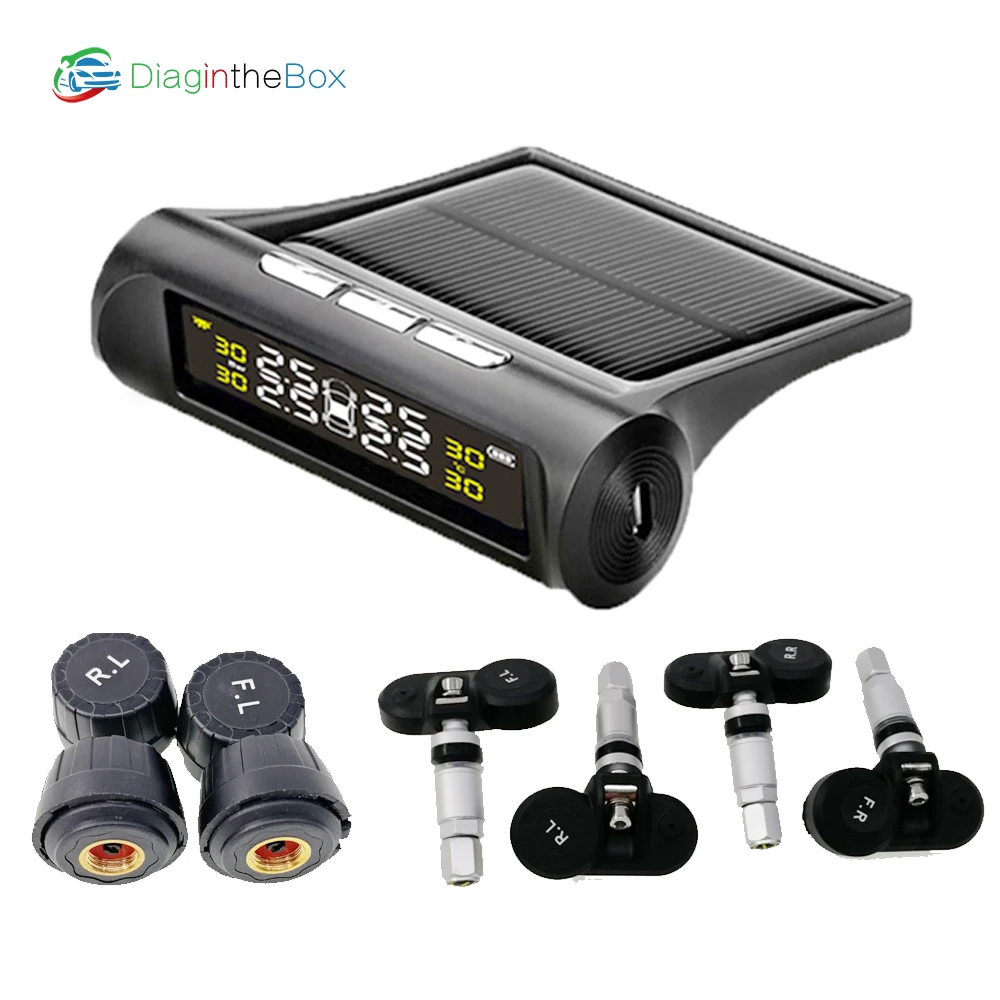 

Solar TPMS Tire Pressure Alarm Monitoring System Smart Solar Tyre Pressure Monitor 4 External Sensors Valve TMPS Gauge