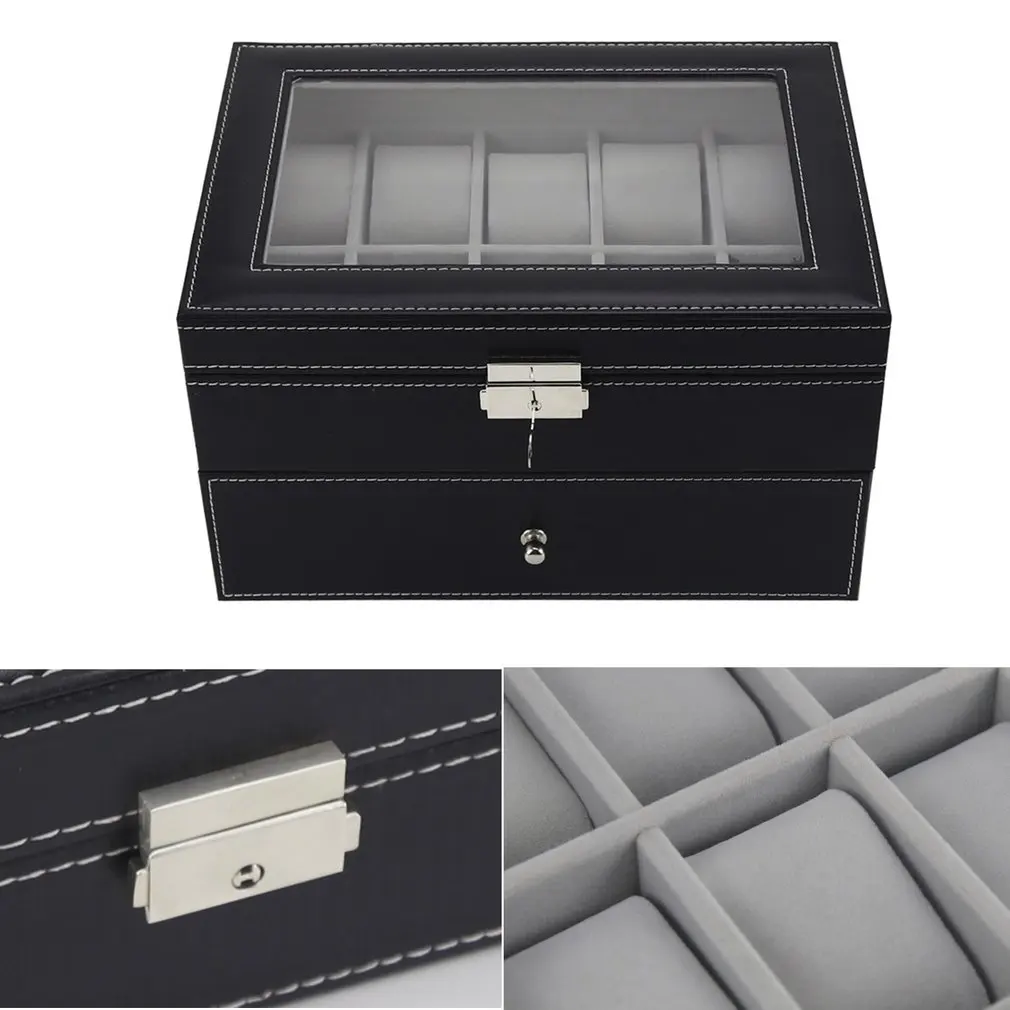 20 ячеек, профессиональная коробка для хранения часов, двухслойный чехол из искусственной кожи, органайзер, коробка, держатель, черный цвет