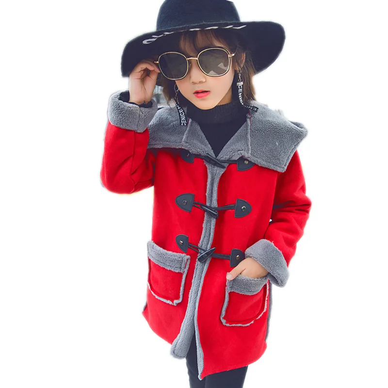 

girls suede leather coats 2017 new autumn kids clothes solid hooded kids winter jackets long section Horns children outwear