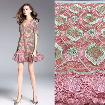 

5yards Free shipping Peach Gold High quality Rhinestones Beads Nigerian lace fabric french lace African lace fabric Dress lace