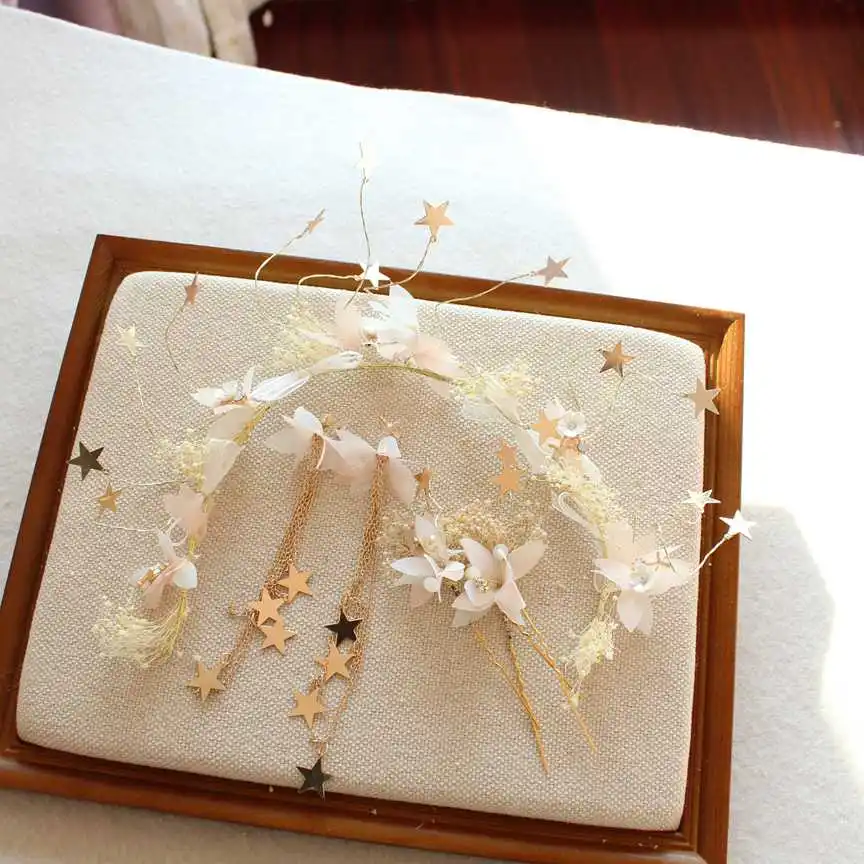 

pink dry flower star hairpins earrings set hair decoration bridal hairbands hair jewelry bride wedding hair ornament women