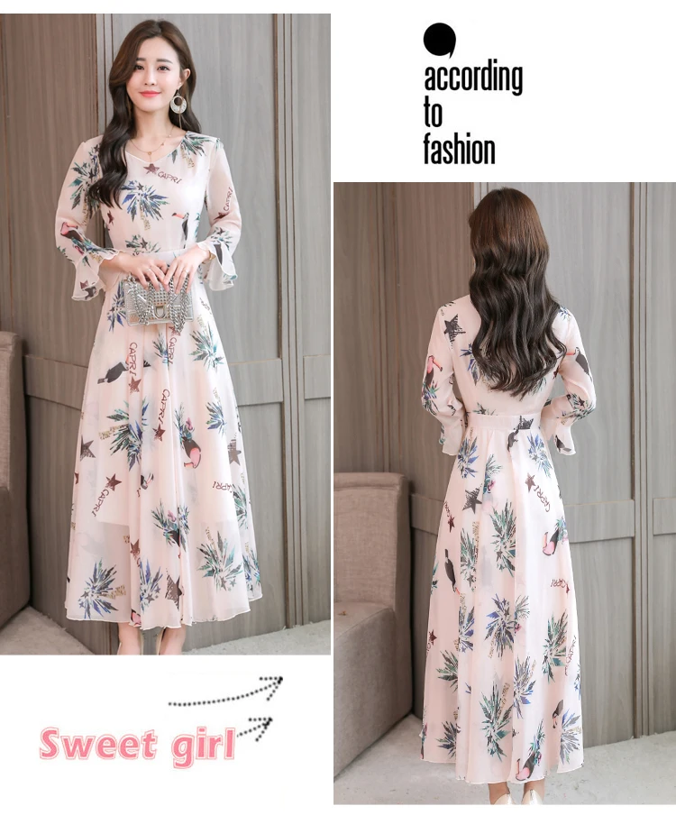 High quality Autumn New Arrival Plus Size S-XXXL Fashion V Collar Flare Sleeve Flower Printed Woman Long Chiffon Dress