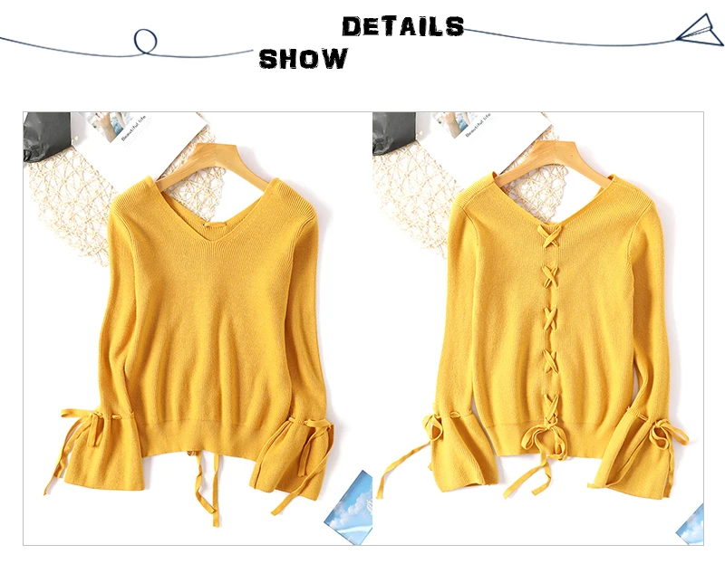 V Neck Sweater Women Knitted Pullover Winter 2018 Lace-up Top Casual Woman Flare Long Sleeve Ladies Sweaters and Pullovers Solid (7)