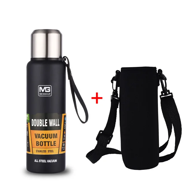 UPORS Large Capacity Stainless Steel Thermos Portable Vacuum Flask Insulated Tumbler with Rope Thermo Bottle 500/700/1000/1500ml Black with bag