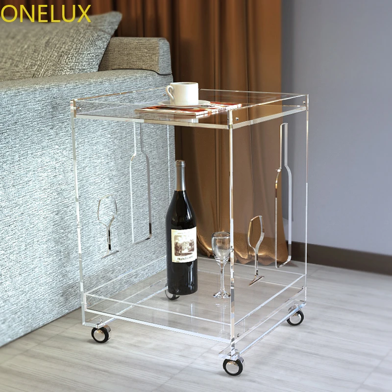 (KD Packed) Clear Acrylic Small Sofa Table On Wheels,Rolling Lucite Occasional End Corner Tea Tables - 40W-33D-53H CM