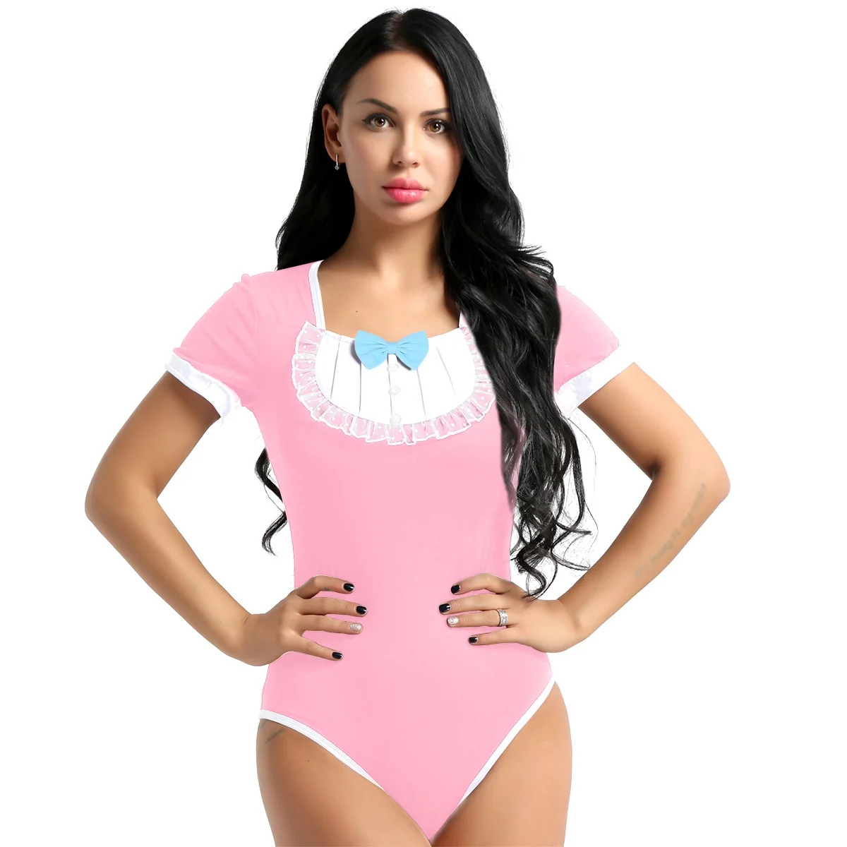 Hot Adult Women Short Sleeves Press Button Crotch Cosplay Romper Soft Cotton One Piece Romper Jumpsuit Bodysuit Cosplay Costumes - Цвет: Pink