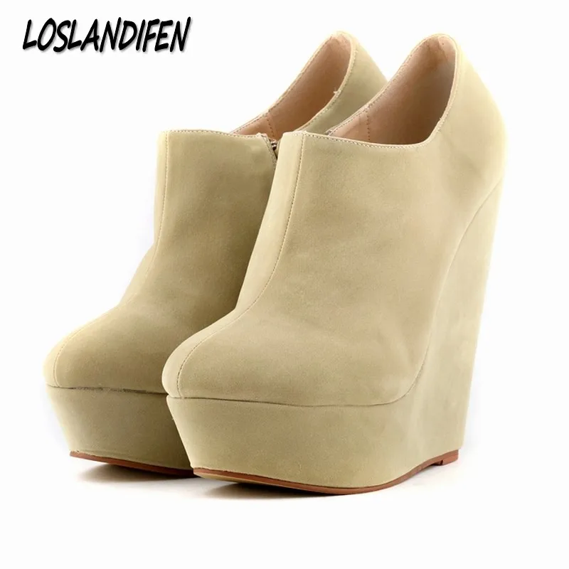 Loslandifen/женские низкие ботинки; сезон весна-осень; модные ботинки из флока на танкетке с круглым носком на высоком каблуке; обувь на платформе