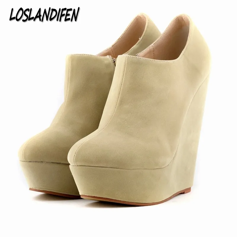 

Loslandifen women short boots spring autumn fashion shallow mouth flock round toe high heels wedge boots shoes platforms