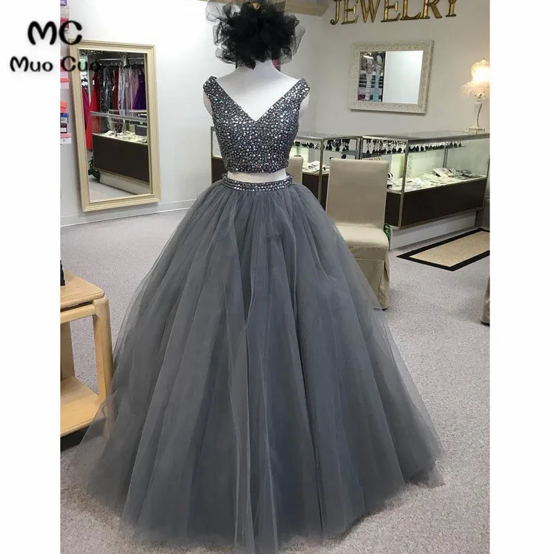 

Elegant 2018 Ball Gown Beaded Prom dresses Long Tulle Backless Graduation Dresses Two Pieces Gown Evening Prom Dress for Women
