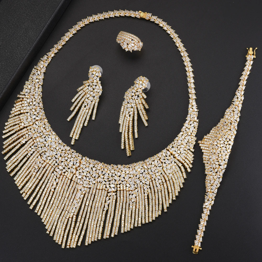 

Luxury Nigerian Wedding Jewelry Sets Cubic Zirconia Inlaid Big Choker Necklace Earrings Bracelet Ring Jewelry Sets For Bride