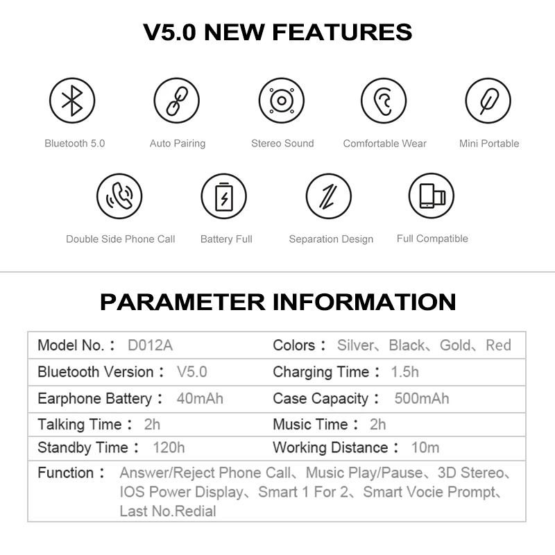Portable Earphones Wireless Sports 5.0 Automatic Pairing Earbuds Dual Ear Stereo Sound Device With Mic Hands-free Calls