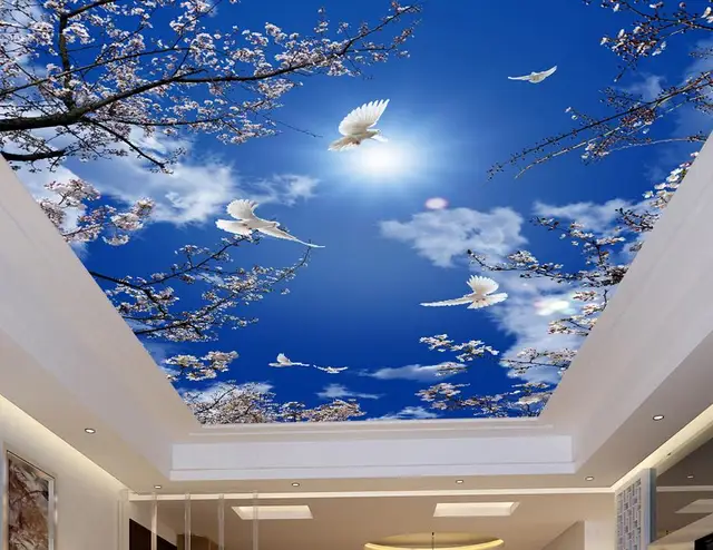 Benutzerdefinierte 3d decke wandmalereien Kirsche blau sky tauben ... Benutzerdefinierte 3d decke wandmalereien Kirsche blau sky tauben ...